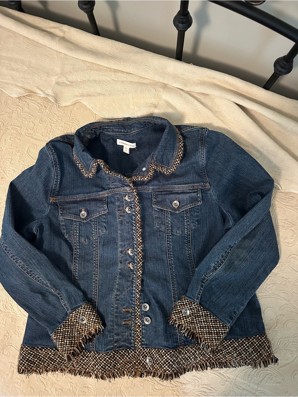 Coldwater Creek Size 18 Denim Jacket Tweed Fringe Trim